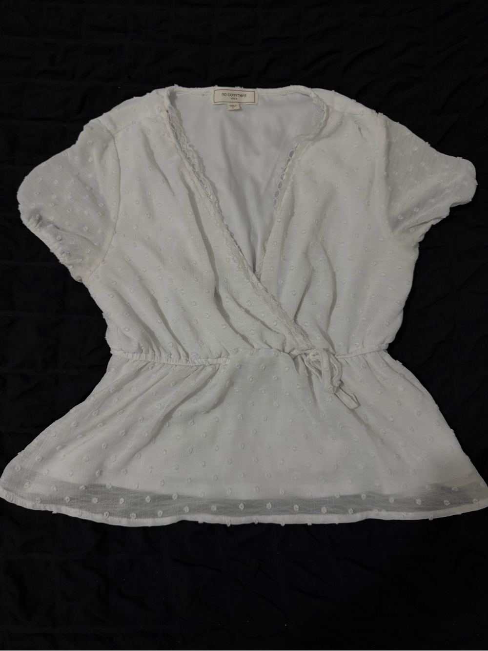 No Comment White Wrap-Front Swiss Dot Blouse with Drawstring Waist
